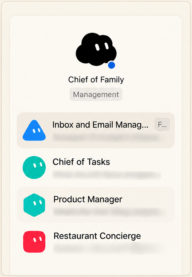 Live Grokbot agent roster: Chief of Family, Inbox and Email Management, Chief of Tasks, Product Manager and Restaurant Concierge, with message previews blurred for privacy